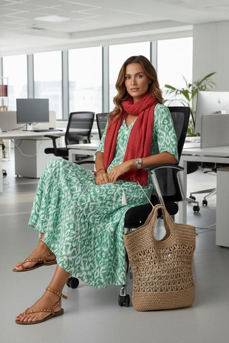 Dames Boho Bloemenprint Maxi Avondjurk V-hals Verstelbare Taille - Green