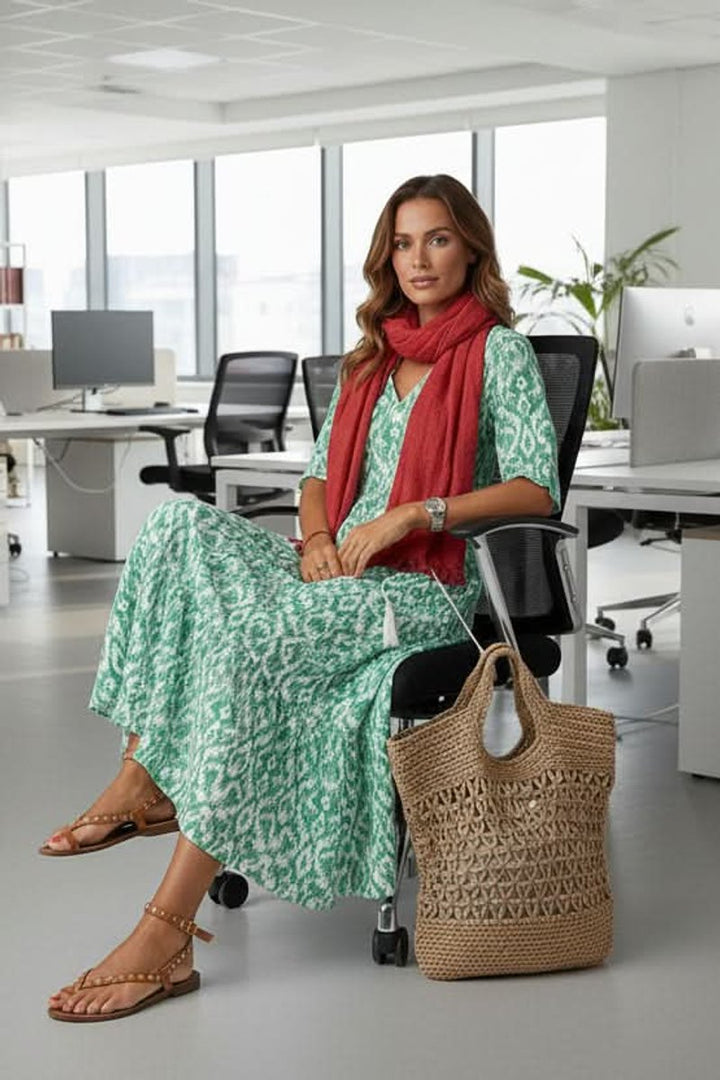 Dames Boho Bloemenprint Maxi Avondjurk V-hals Verstelbare Taille - Green