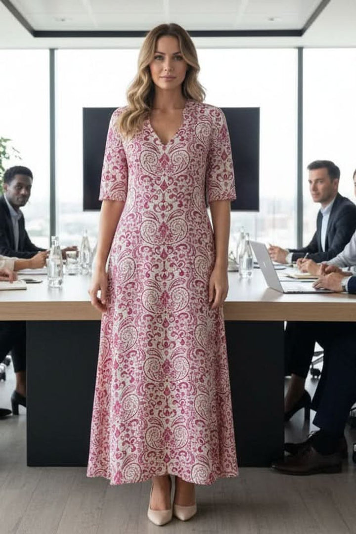 Dames Boho Bloemenprint Maxi Avondjurk V-hals Verstelbare Taille - Pink