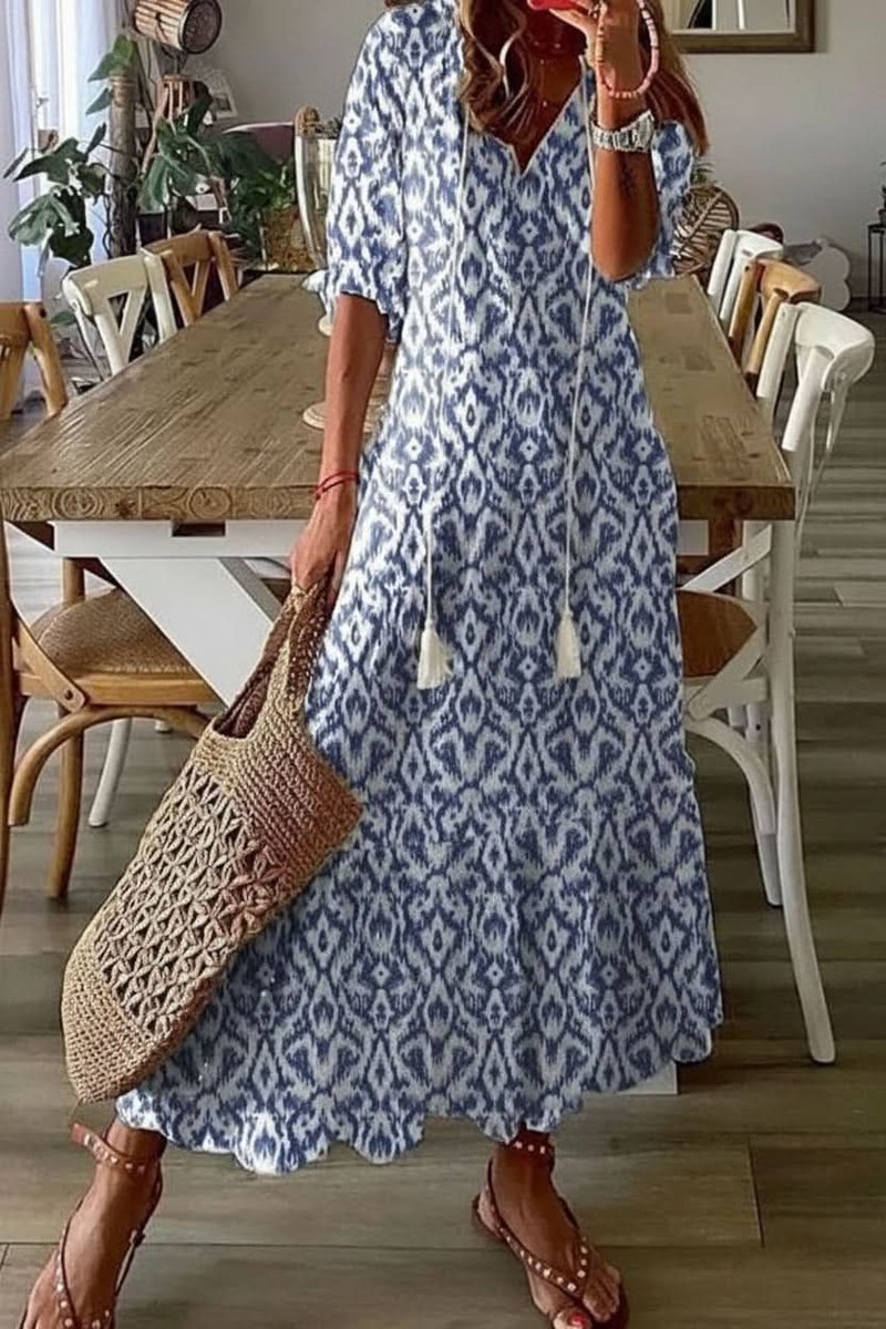 Dames Boho Bloemenprint Maxi Avondjurk V-hals Verstelbare Taille - Light Blue
