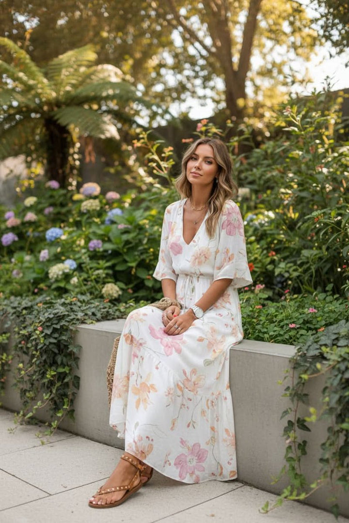 Dames Boho Bloemenprint Maxi Avondjurk V-hals Verstelbare Taille - White