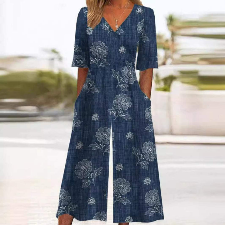 Dames Boho Bloemenprint V-hals Jumpsuit Rechte Pijpen - Navy Blue