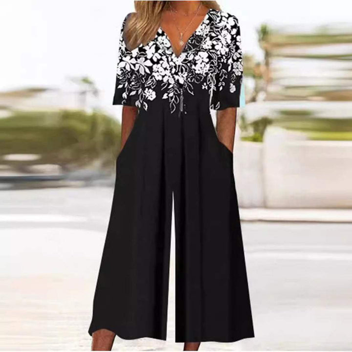 Dames Boho Bloemenprint V-hals Jumpsuit Rechte Pijpen - Black