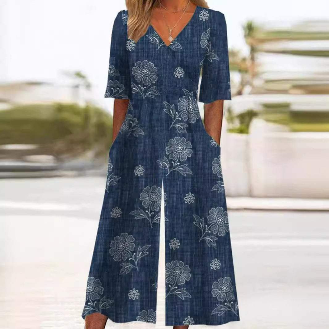 Dames Boho Bloemenprint V-hals Jumpsuit Rechte Pijpen