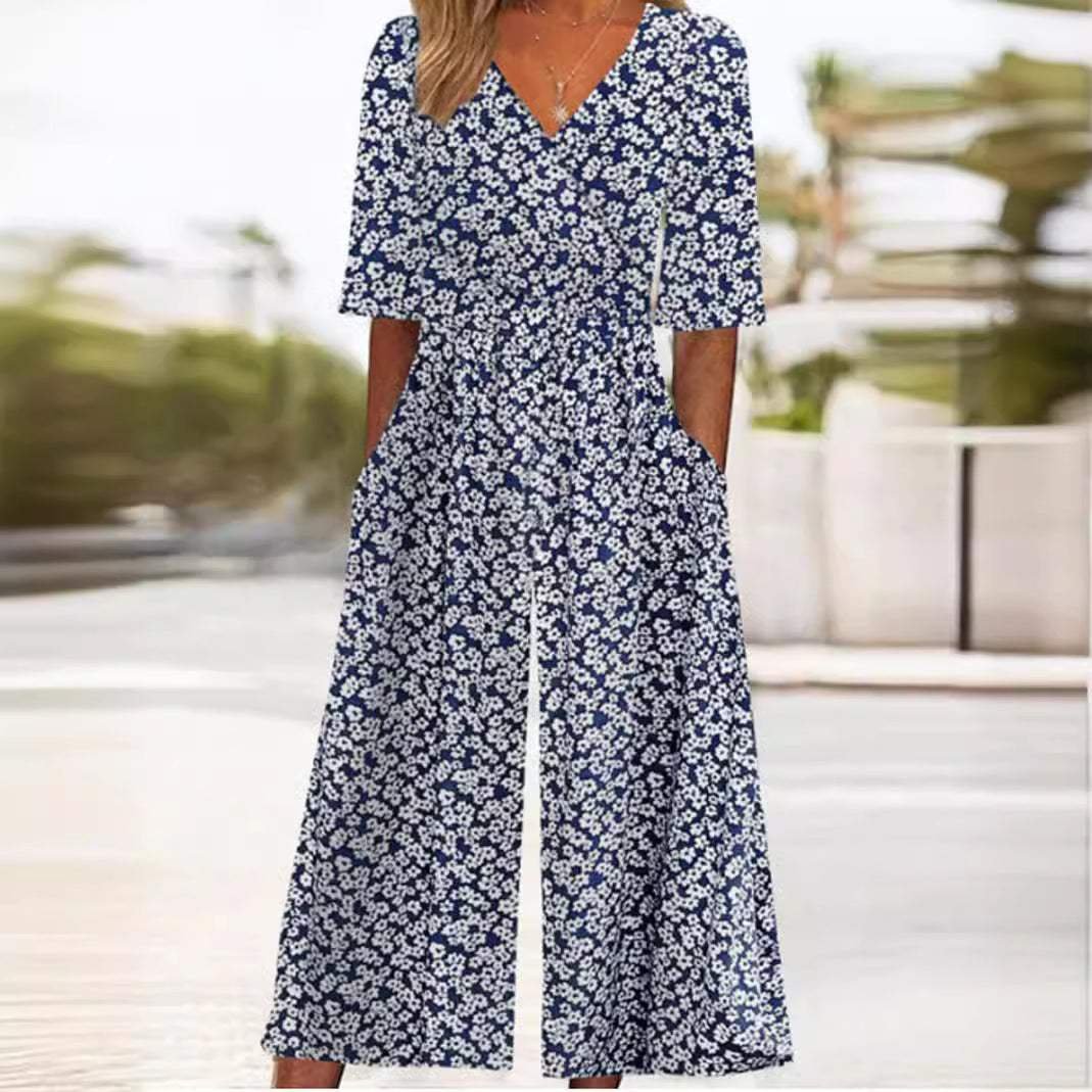 Dames Boho Bloemenprint V-hals Jumpsuit Rechte Pijpen