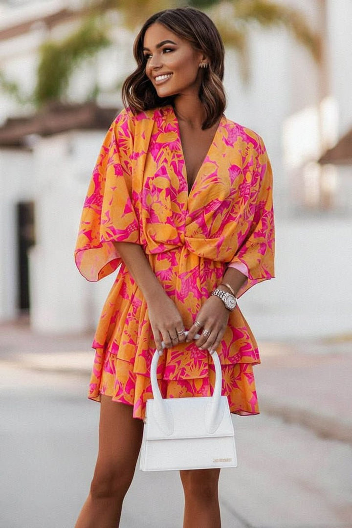 Dames Boho Cocktailjurk Tropische Print V-hals Mini - Orange