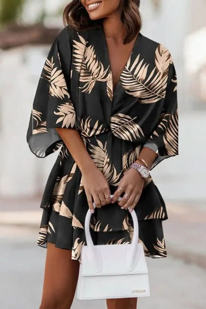 Dames Boho Cocktailjurk Tropische Print V-hals Mini - Black