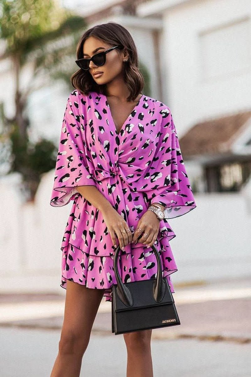 Dames Boho Cocktailjurk Tropische Print V-hals Mini - Pink