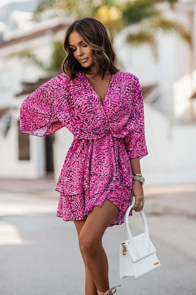 Dames Boho Cocktailjurk Tropische Print V-hals Mini - Purple