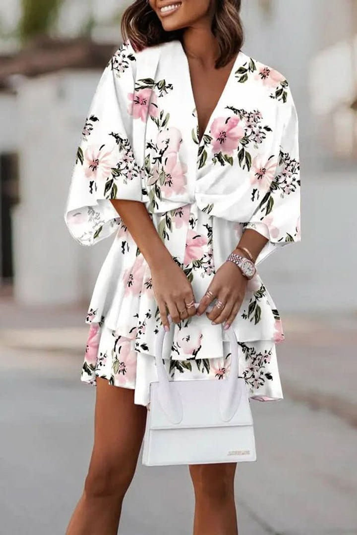 Dames Boho Cocktailjurk Tropische Print V-hals Mini - White