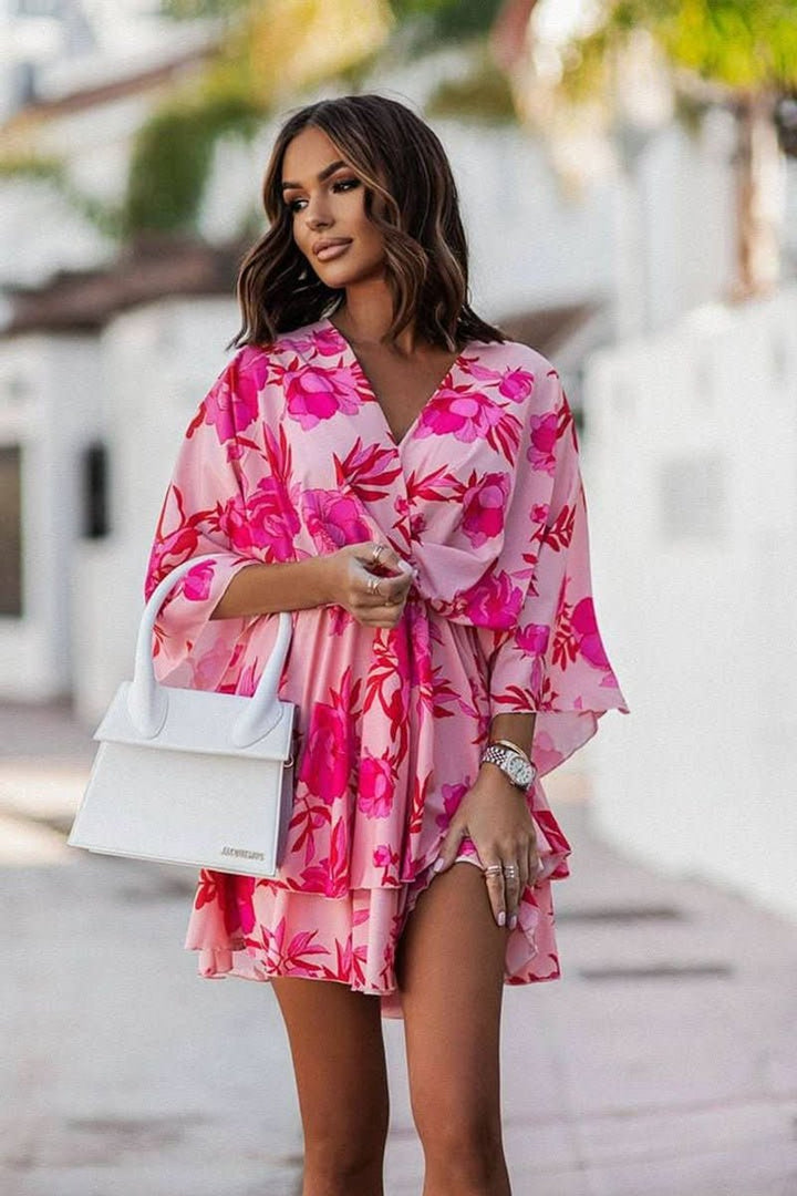 Dames Boho Cocktailjurk Tropische Print V-hals Mini - Red