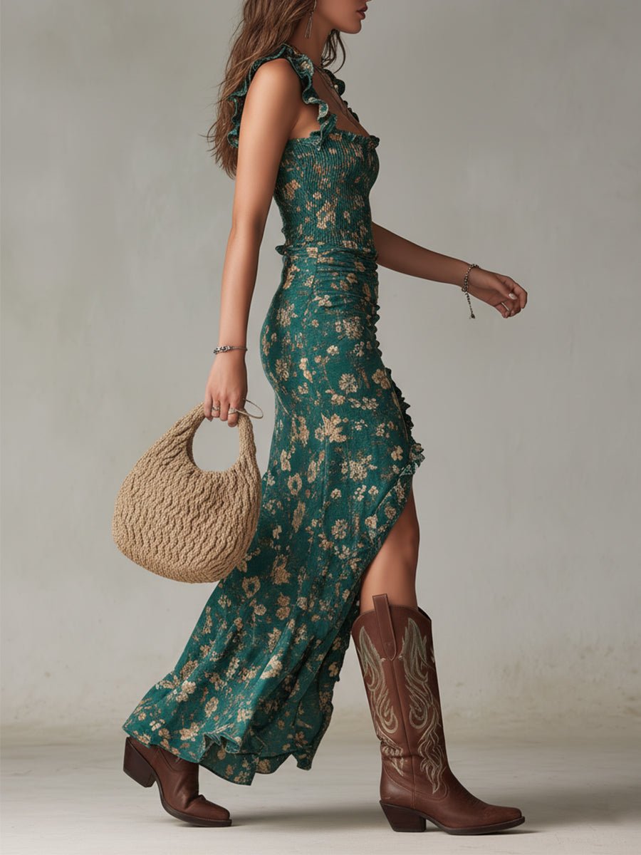 Dames Boho Gebloemde Mouwloze Maxi Jurk Zijsplit