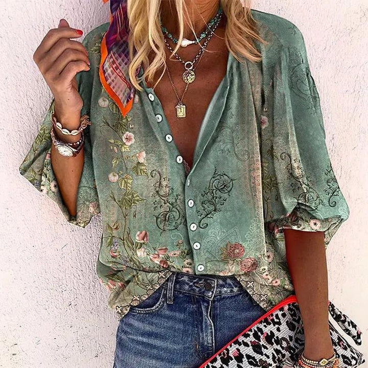 Dames Boho Gebloemde V-Hals Blouse Lange Mouw - Green