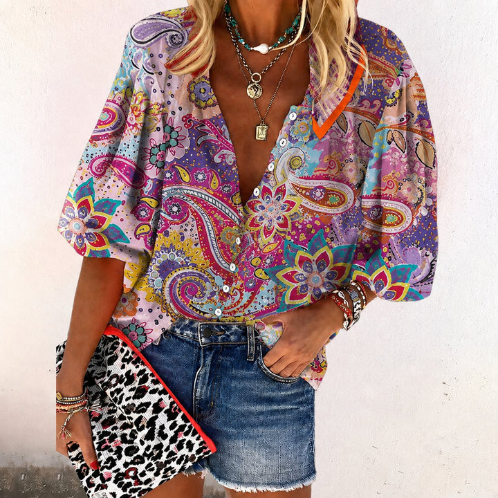 Dames Boho Gebloemde V-Hals Blouse Lange Mouw - Pink