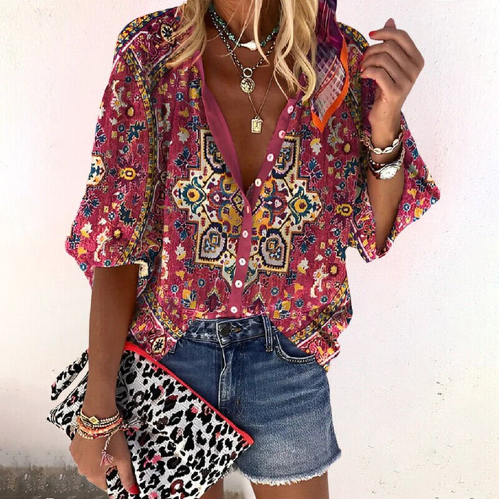 Dames Boho Gebloemde V-Hals Blouse Lange Mouw - Red