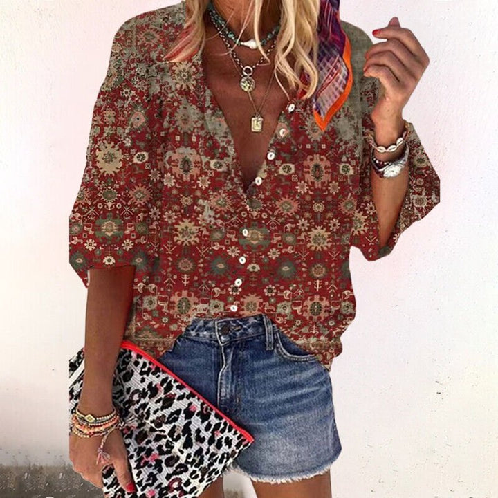 Dames Boho Gebloemde V-Hals Blouse Lange Mouw - Brown