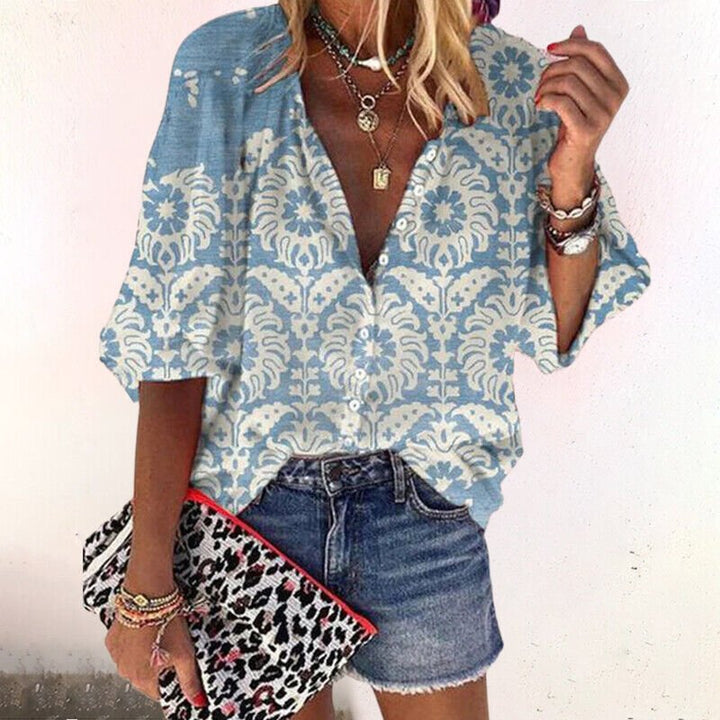Dames Boho Gebloemde V-Hals Blouse Lange Mouw - Blue