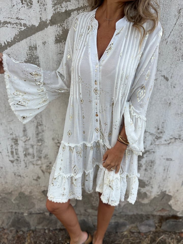 Dames Boho Gelaagde Jurk Wijde Mouwen Gouden Details - White
