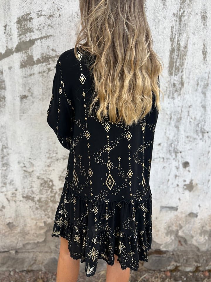 Dames Boho Gelaagde Jurk Wijde Mouwen Gouden Details