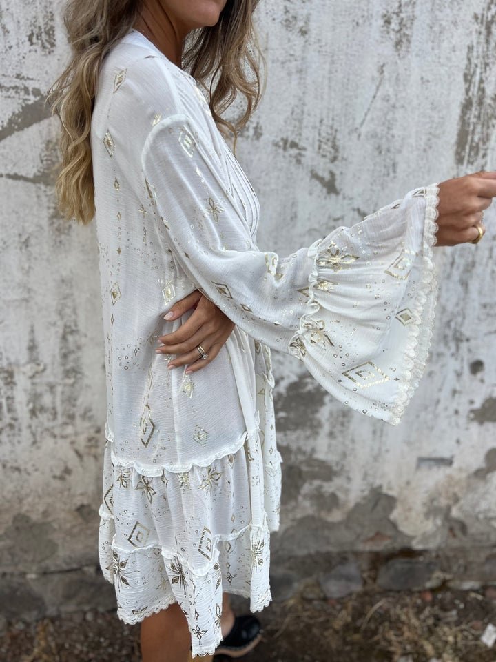 Dames Boho Gelaagde Jurk Wijde Mouwen Gouden Details