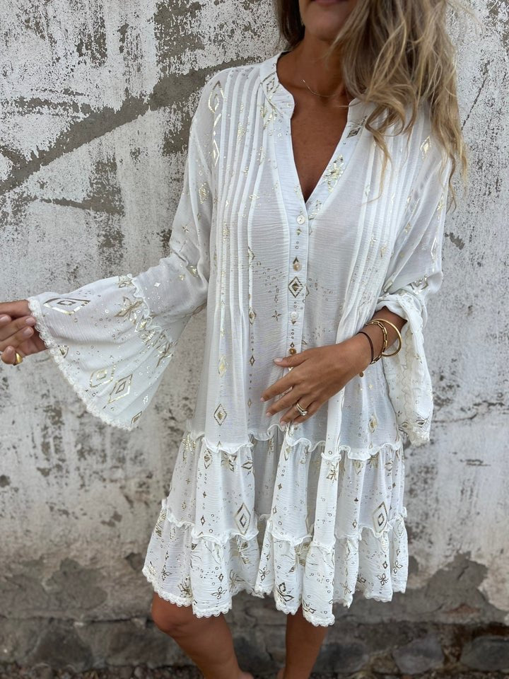 Dames Boho Gelaagde Jurk Wijde Mouwen Gouden Details