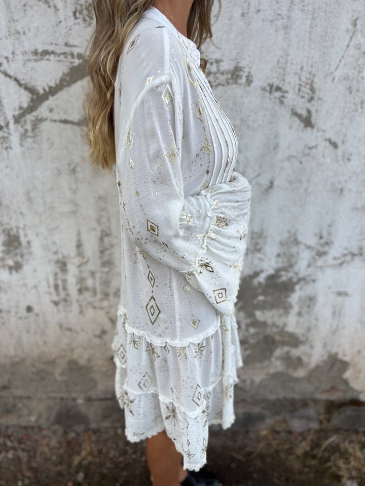 Dames Boho Gelaagde Jurk Wijde Mouwen Gouden Details
