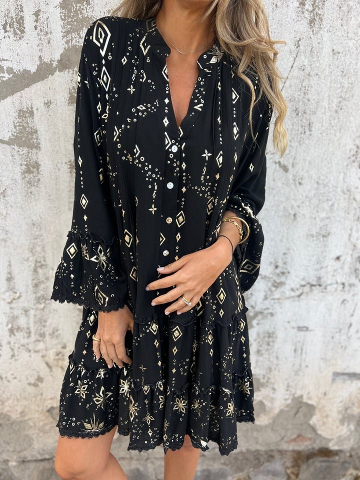 Dames Boho Gelaagde Jurk Wijde Mouwen Gouden Details - Black