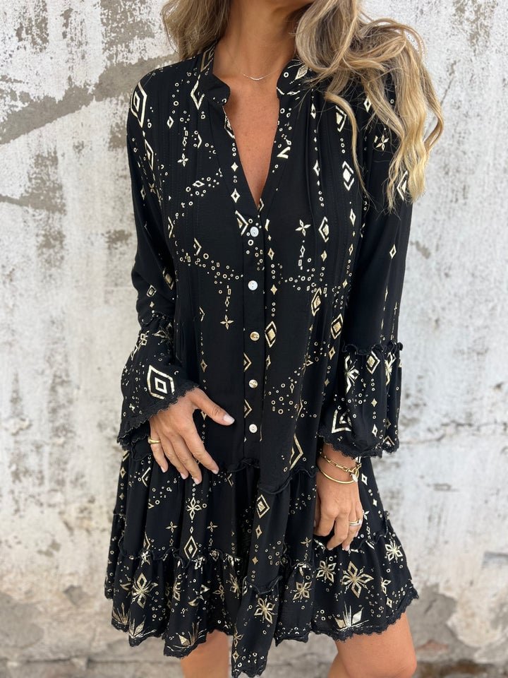 Dames Boho Gelaagde Jurk Wijde Mouwen Gouden Details