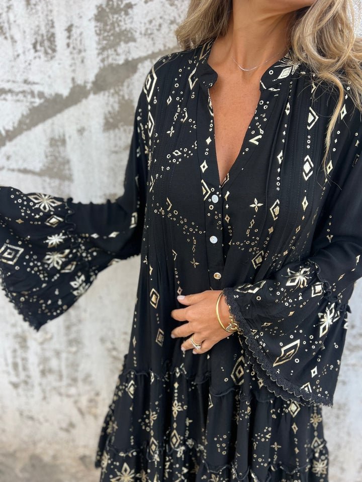 Dames Boho Gelaagde Jurk Wijde Mouwen Gouden Details