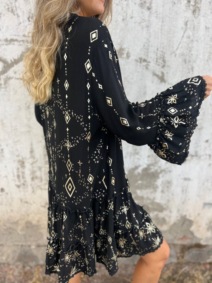 Dames Boho Gelaagde Jurk Wijde Mouwen Gouden Details
