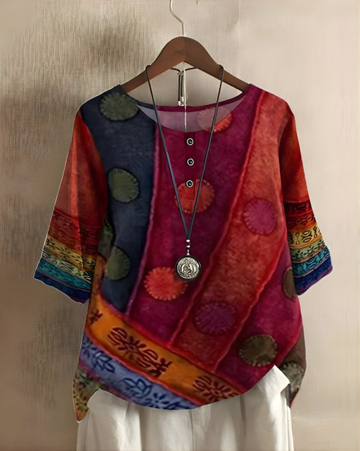 Dames Boho Halflange Mouw Kleurrijke Relaxed-Fit Top - Rood