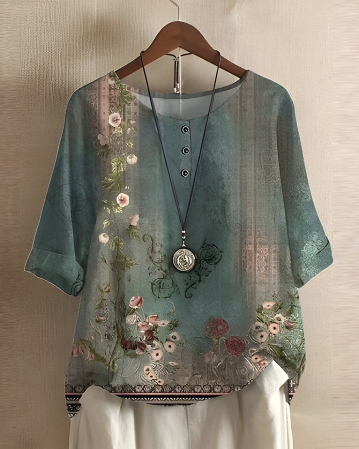 Dames Boho Halflange Mouw Kleurrijke Relaxed-Fit Top - Groen