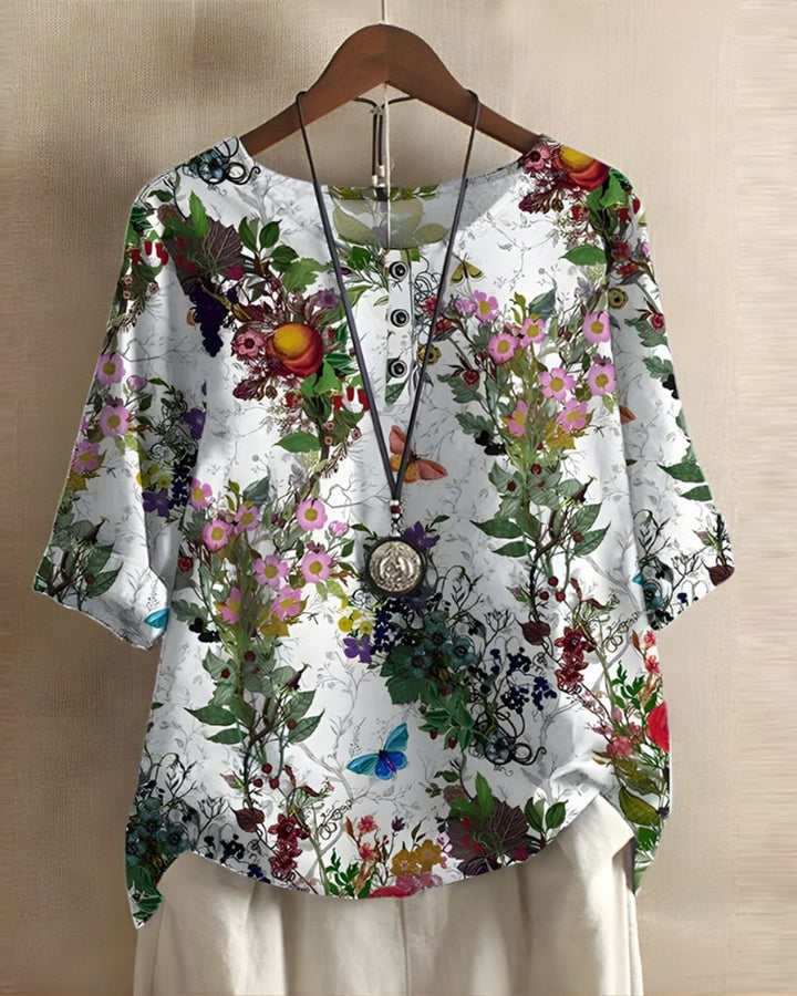 Dames Boho Halflange Mouw Kleurrijke Relaxed-Fit Top - Witte Bloemen
