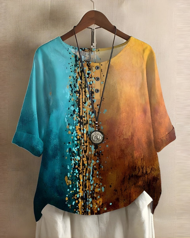 Dames Boho Halflange Mouw Kleurrijke Relaxed-Fit Top - Blauw/Oranje