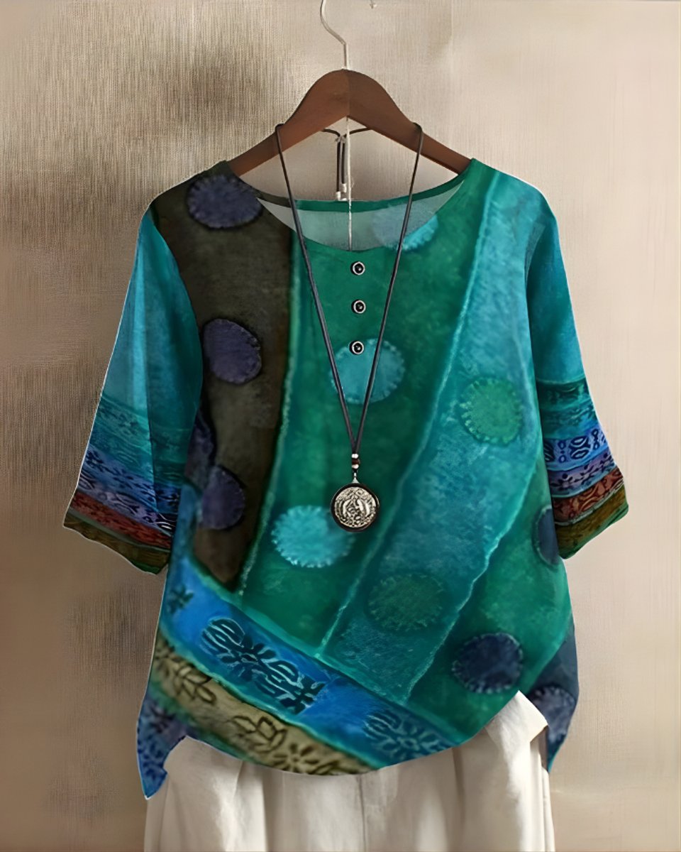 Dames Boho Halflange Mouw Kleurrijke Relaxed-Fit Top - Blauw/Groen
