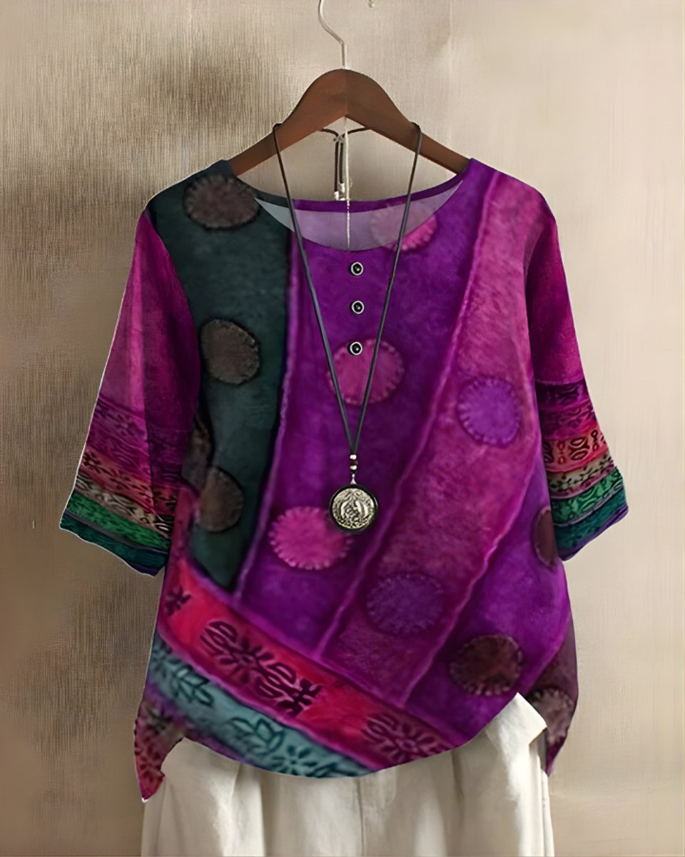 Dames Boho Halflange Mouw Kleurrijke Relaxed-Fit Top - Lila