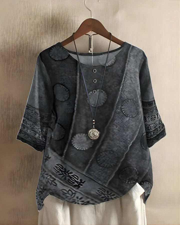 Dames Boho Halflange Mouw Kleurrijke Relaxed-Fit Top - Grijs