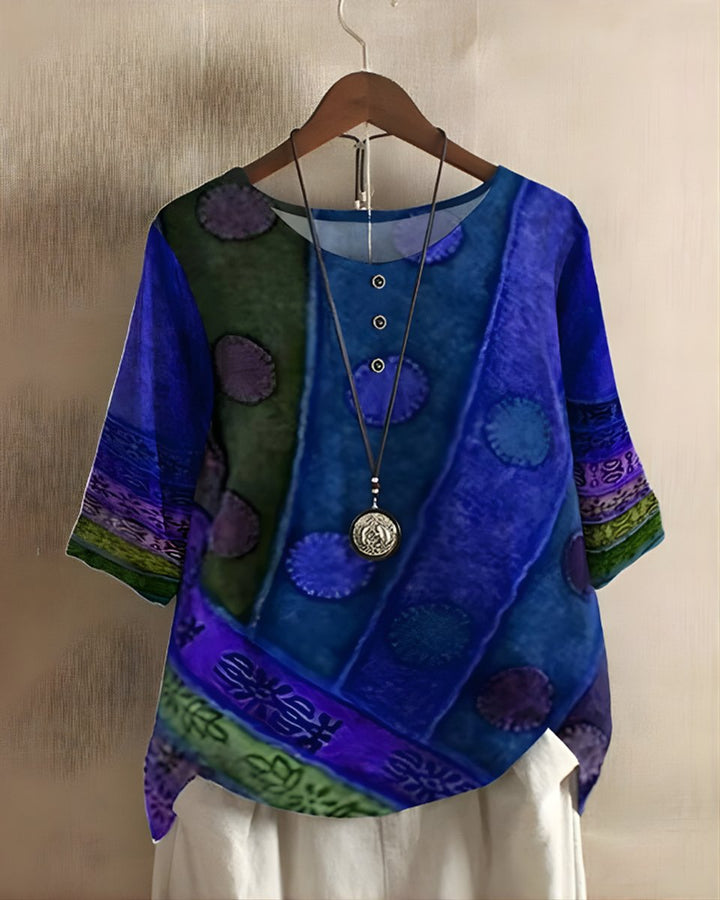 Dames Boho Halflange Mouw Kleurrijke Relaxed-Fit Top - Blauw/Violet