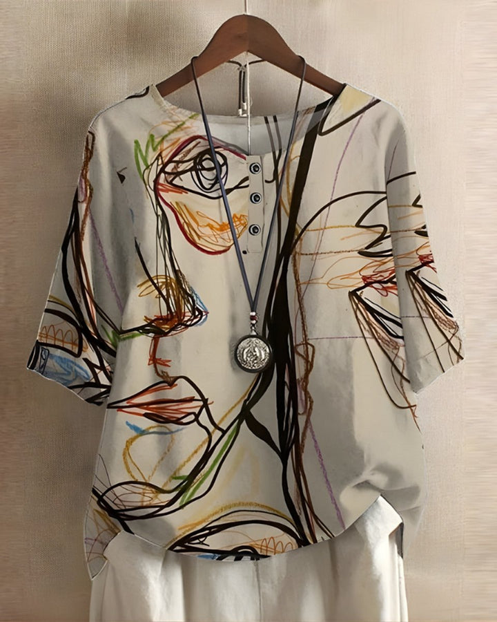 Dames Boho Halflange Mouw Kleurrijke Relaxed-Fit Top - Beige