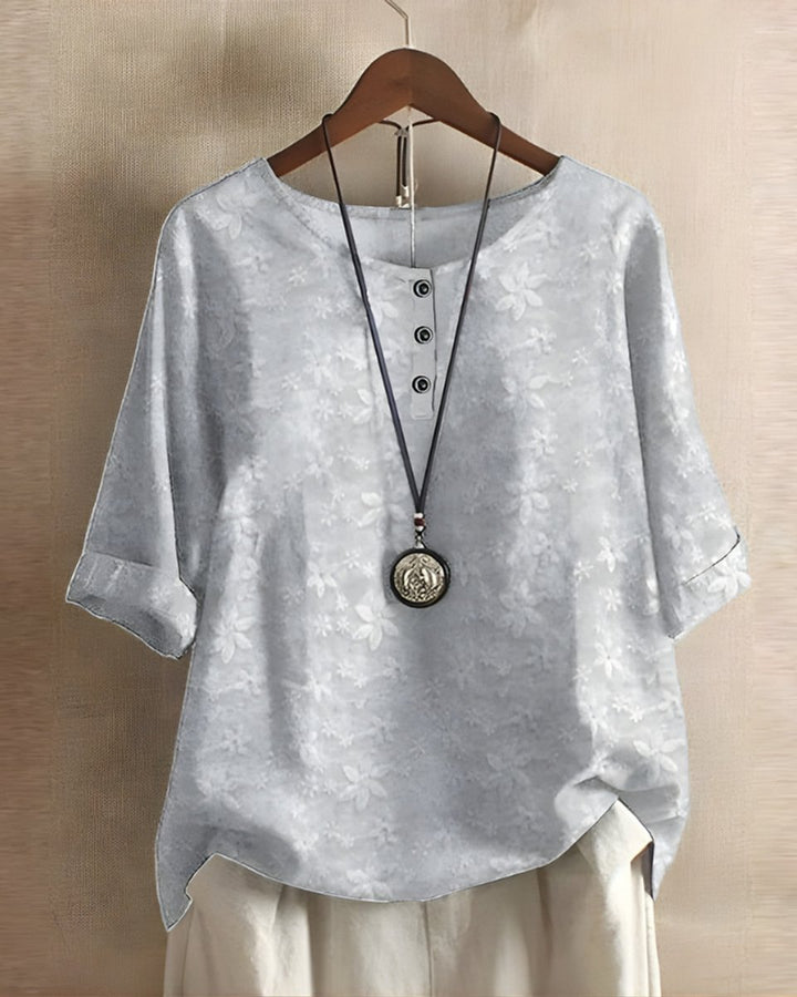 Dames Boho Halflange Mouw Kleurrijke Relaxed-Fit Top - Lichtgrijs