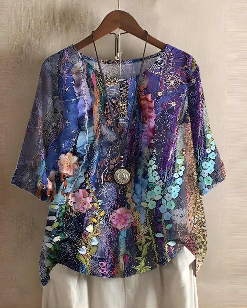 Dames Boho Halflange Mouw Kleurrijke Relaxed-Fit Top - Violet