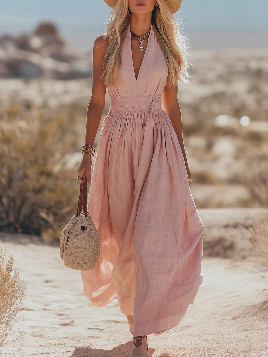 Dames Boho Linnen Halter Maxi Jurk Mouwloos - Pink