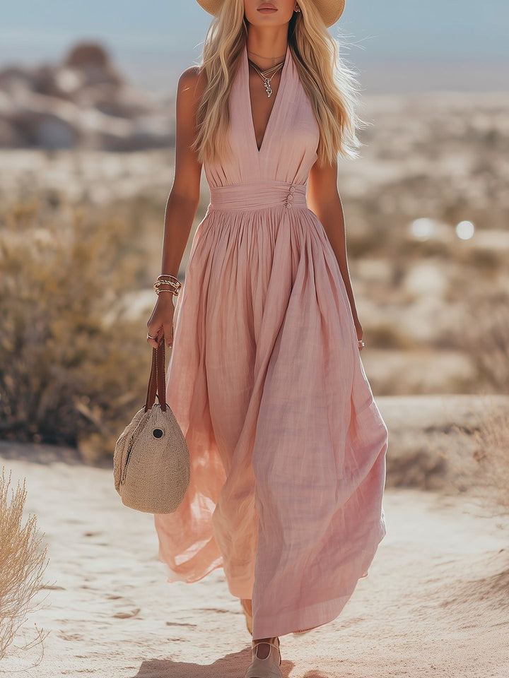 Dames Boho Linnen Halter Maxi Jurk Mouwloos - Pink