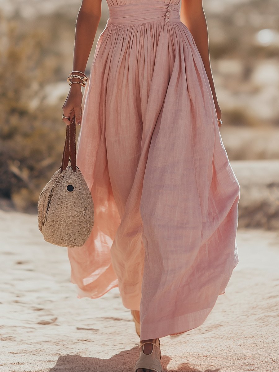 Dames Boho Linnen Halter Maxi Jurk Mouwloos