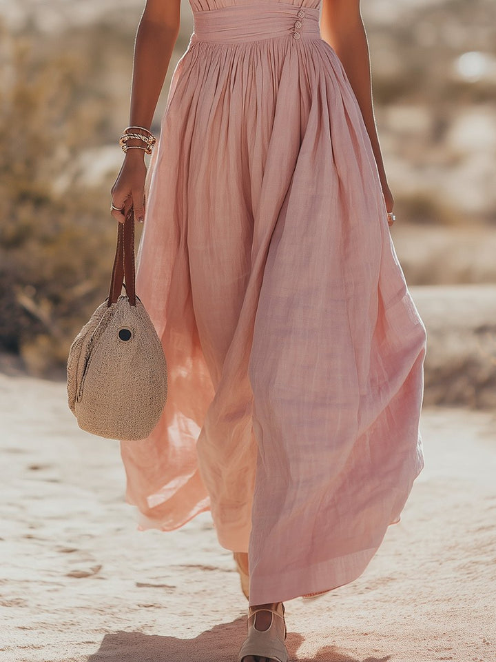 Dames Boho Linnen Halter Maxi Jurk Mouwloos