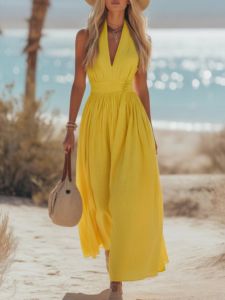 Dames Boho Linnen Halter Maxi Jurk Mouwloos - Yellow