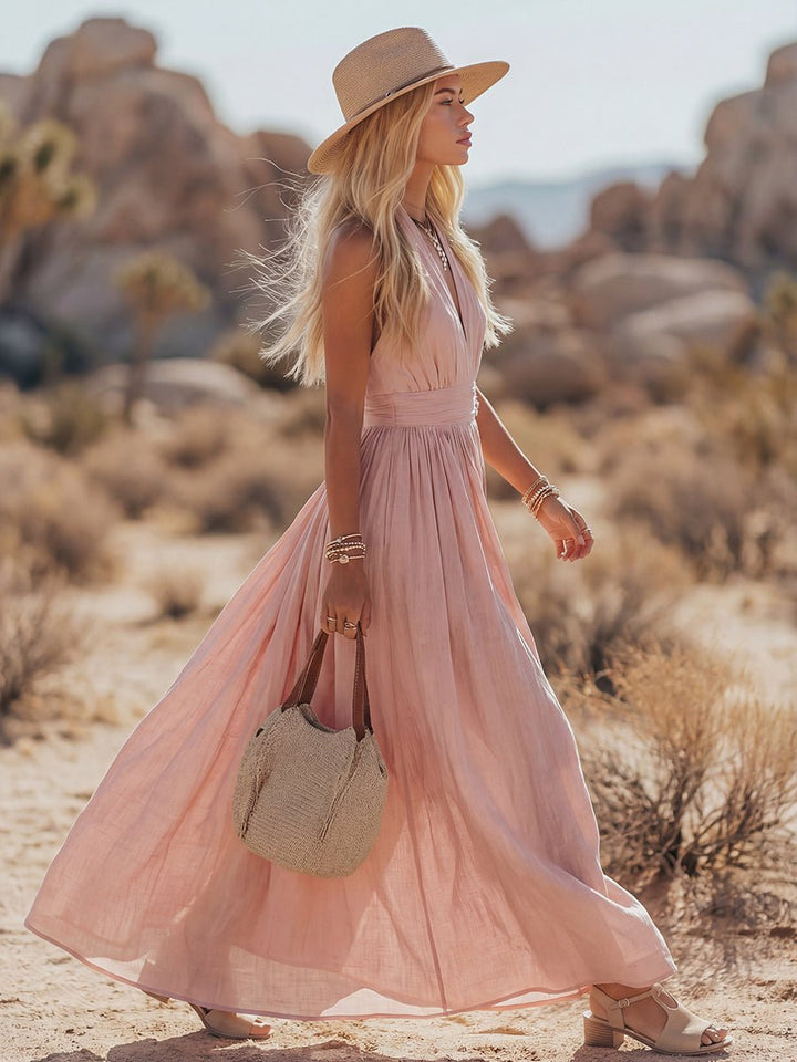 Dames Boho Linnen Halter Maxi Jurk Mouwloos
