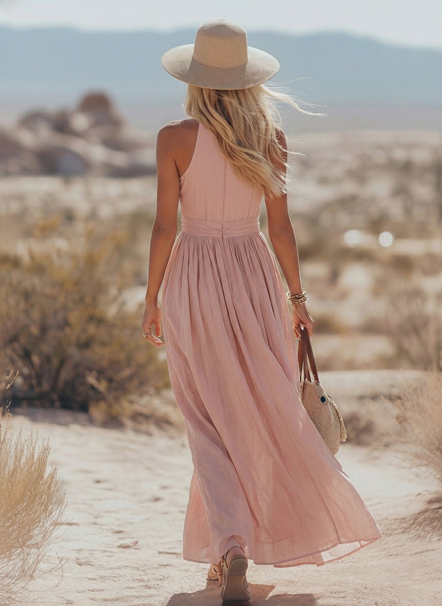 Dames Boho Linnen Halter Maxi Jurk Mouwloos