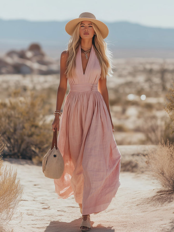 Dames Boho Linnen Halter Maxi Jurk Mouwloos