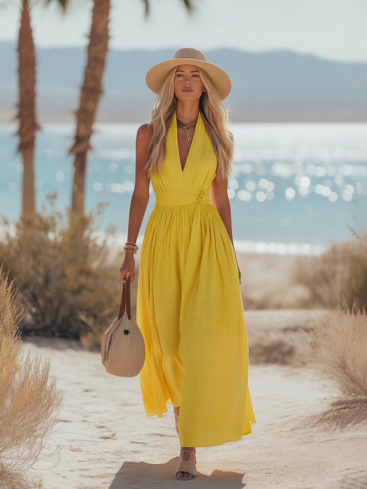 Dames Boho Linnen Halter Maxi Jurk Mouwloos